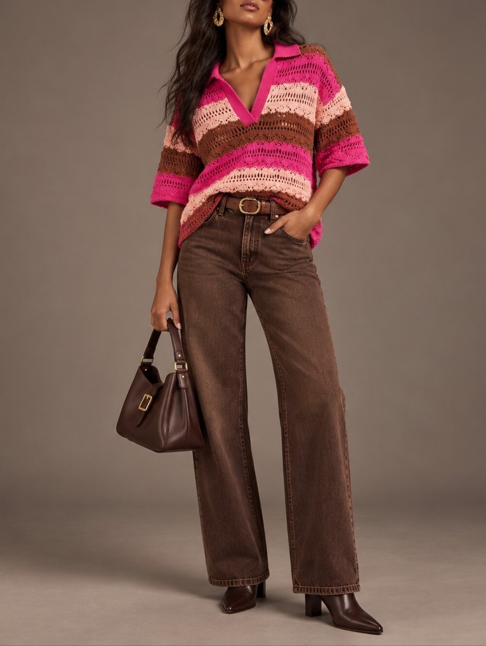 Pre-Loved Zara Pink Brown Striped Crochet Knit Polo Top Cover-up